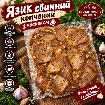 Язик свинний (копчений) З ЧАСНИКОМ ТМ"Шубківські делікатеси" (160грам) 33333-3 фото