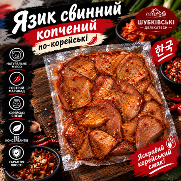 Язик свинний (копчений) ПО КОРЕЙСЬКІ ТМ"Шубківські делікатеси" (160грам) 33333-5 фото